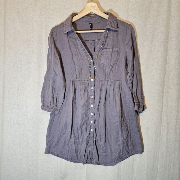 Sacred Threads Womens Free Size Grey Tunic Beaded Button Front Missing 2 Buttons - Picture 1 of 8